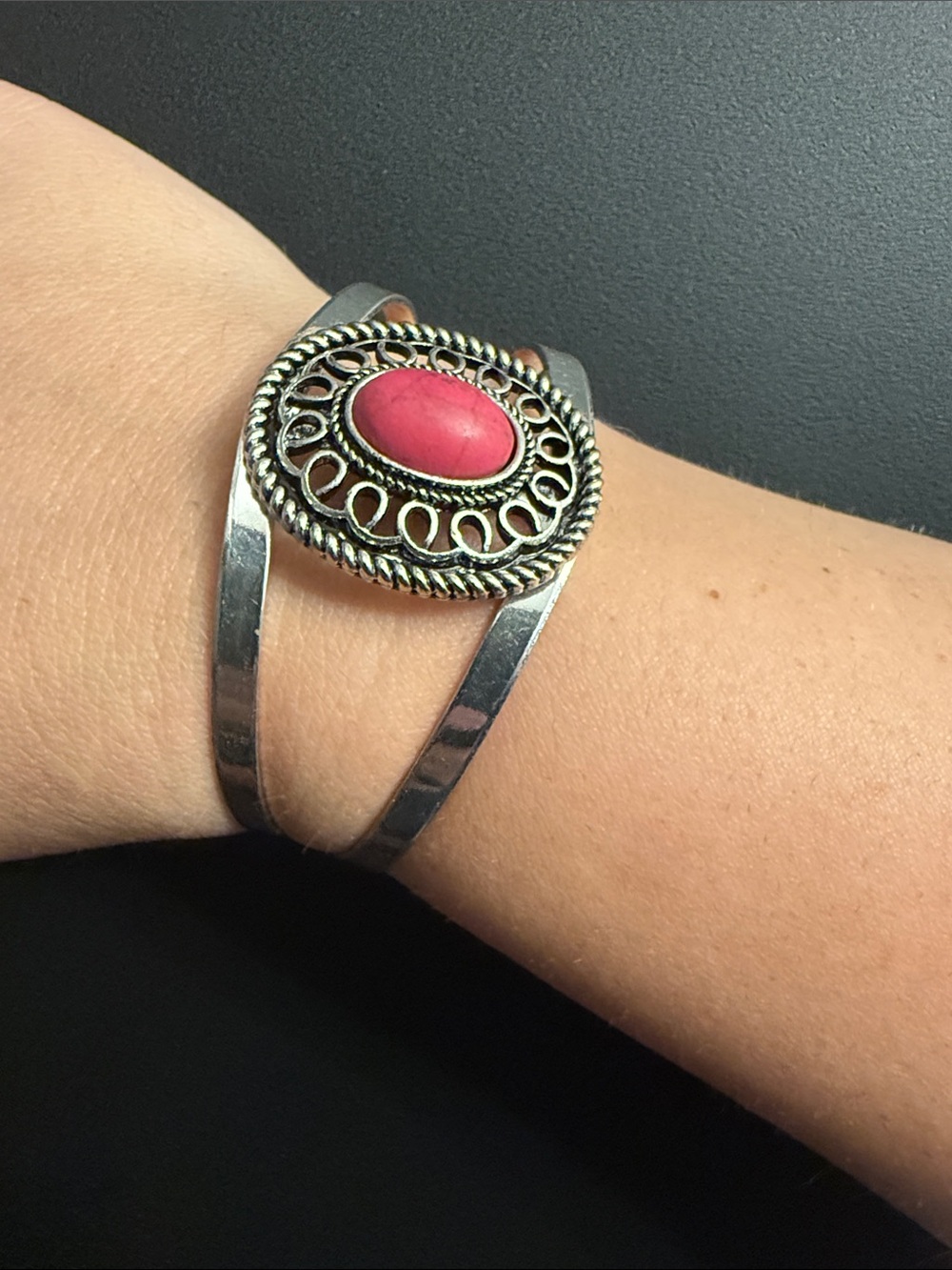 Silver-Tone Pink Stone Cuff Bracelet